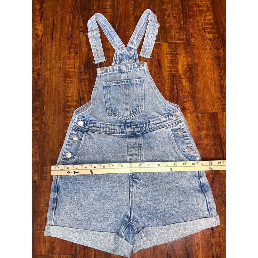 Light Wash Denim Overall Shorts Women XS Acid Wash Cuffed Shortalls Adjustable - Picture 5 of 8